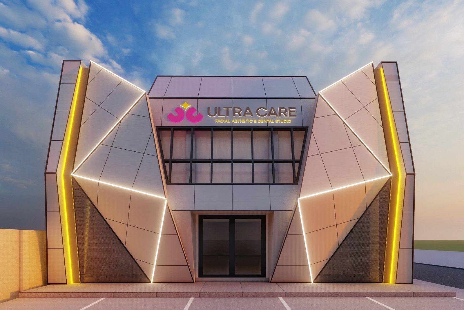 Ultra Care studio facade with geometric panels and warm lighting